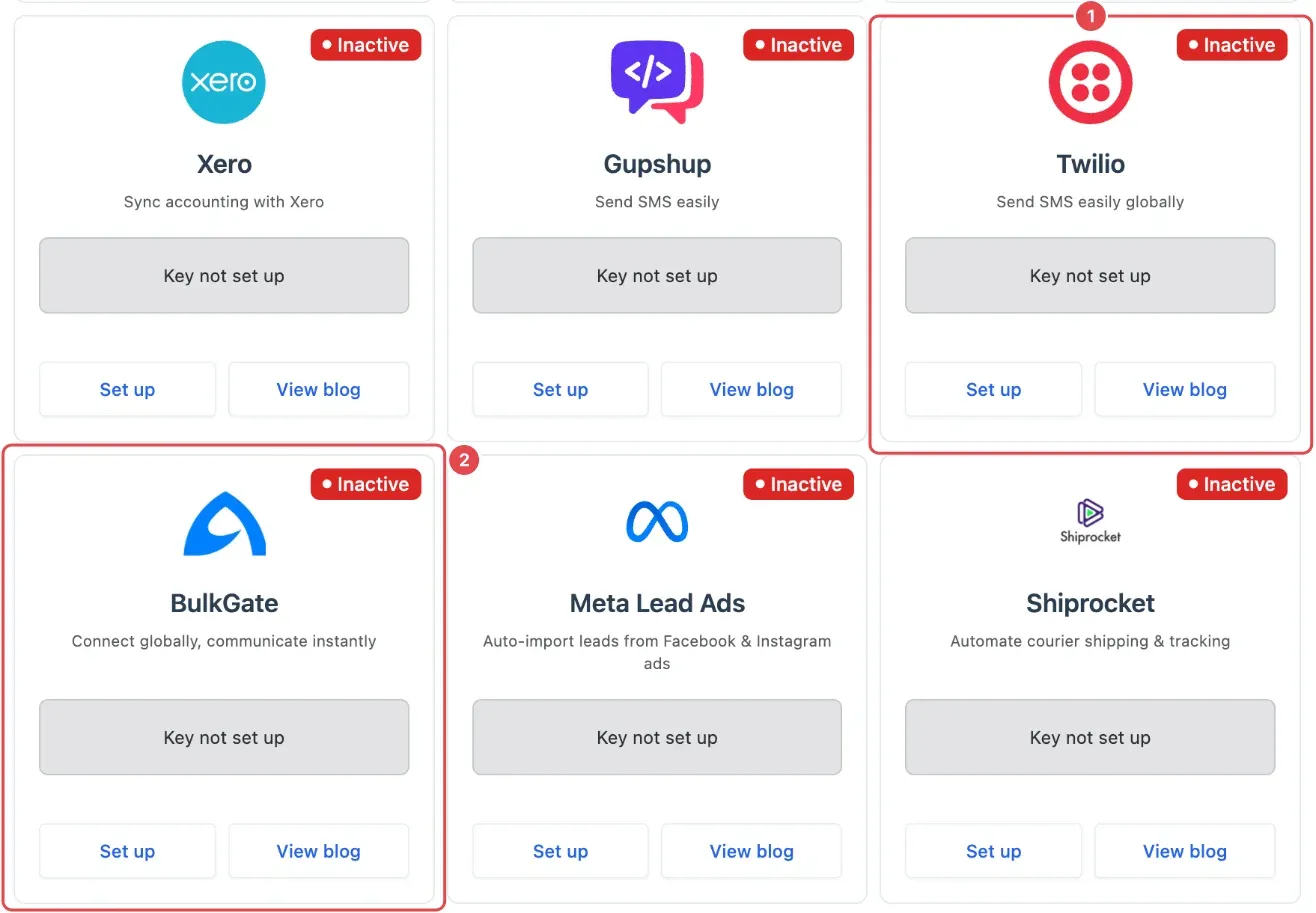 The Twilio (1) and BulkGate (2) cards on the Integrations page