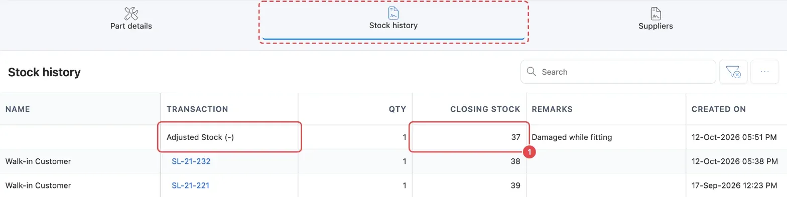 The Stock history tab with a manual reduction, Adjusted Stock (-), and the Closing stock after it (1)