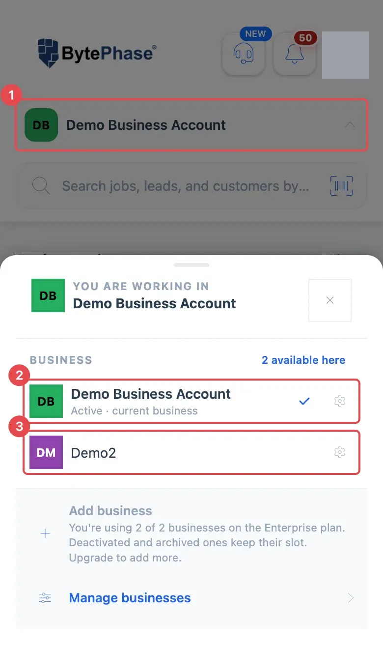The business switcher open on a phone, with the top-bar button (1), the current business (2) and the other business (3)