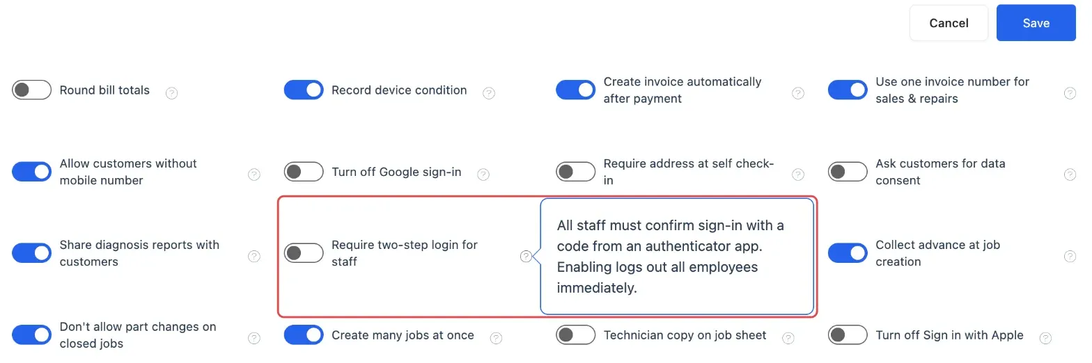 General settings in edit mode with the Require two-step login for staff switch highlighted