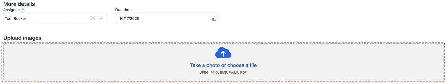 The job edit form with the Take a photo or choose a file box under Upload images highlighted
