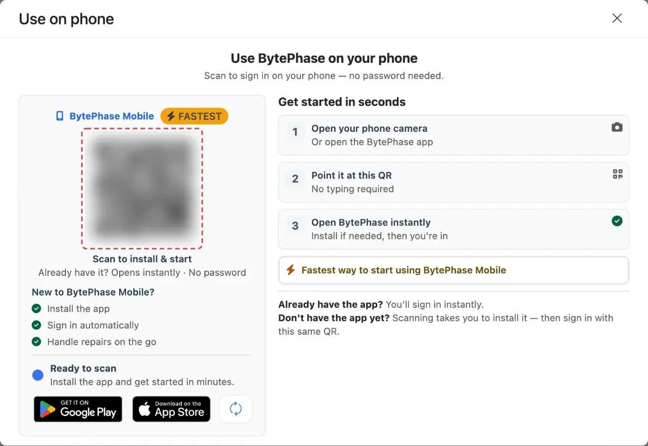 The Use on phone window, with the sign-in QR code (blurred here) and three short steps