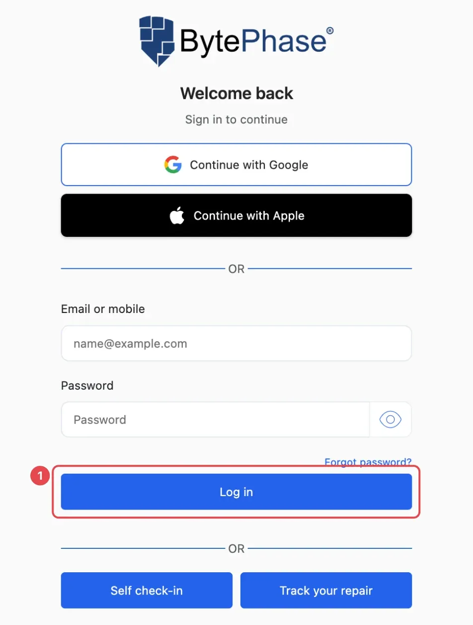 The Welcome back sign-in page with the Google and Apple buttons, the email or mobile and password boxes, and the Log in button (1)