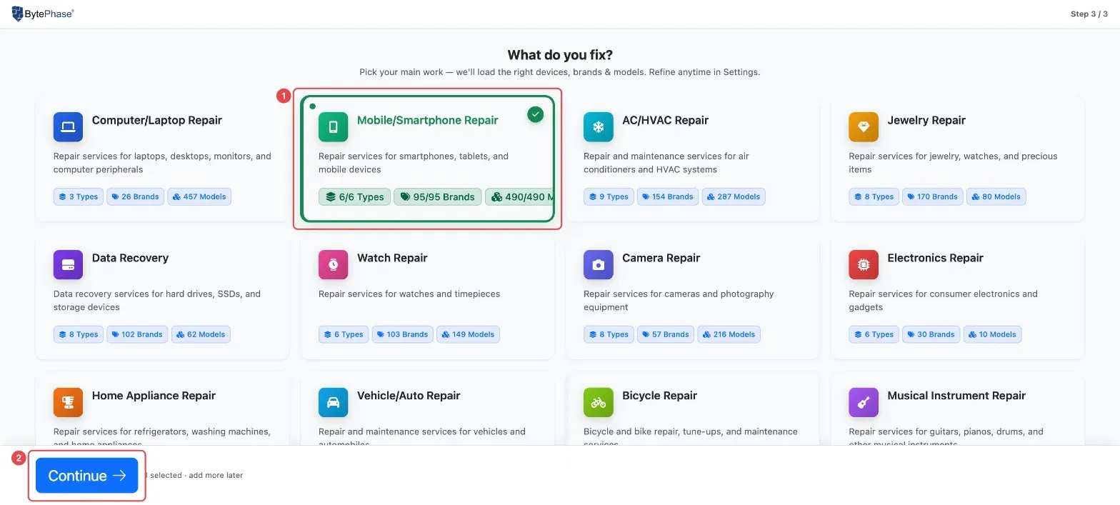 What do you fix? with Mobile/Smartphone Repair chosen (1) and the Continue button (2)