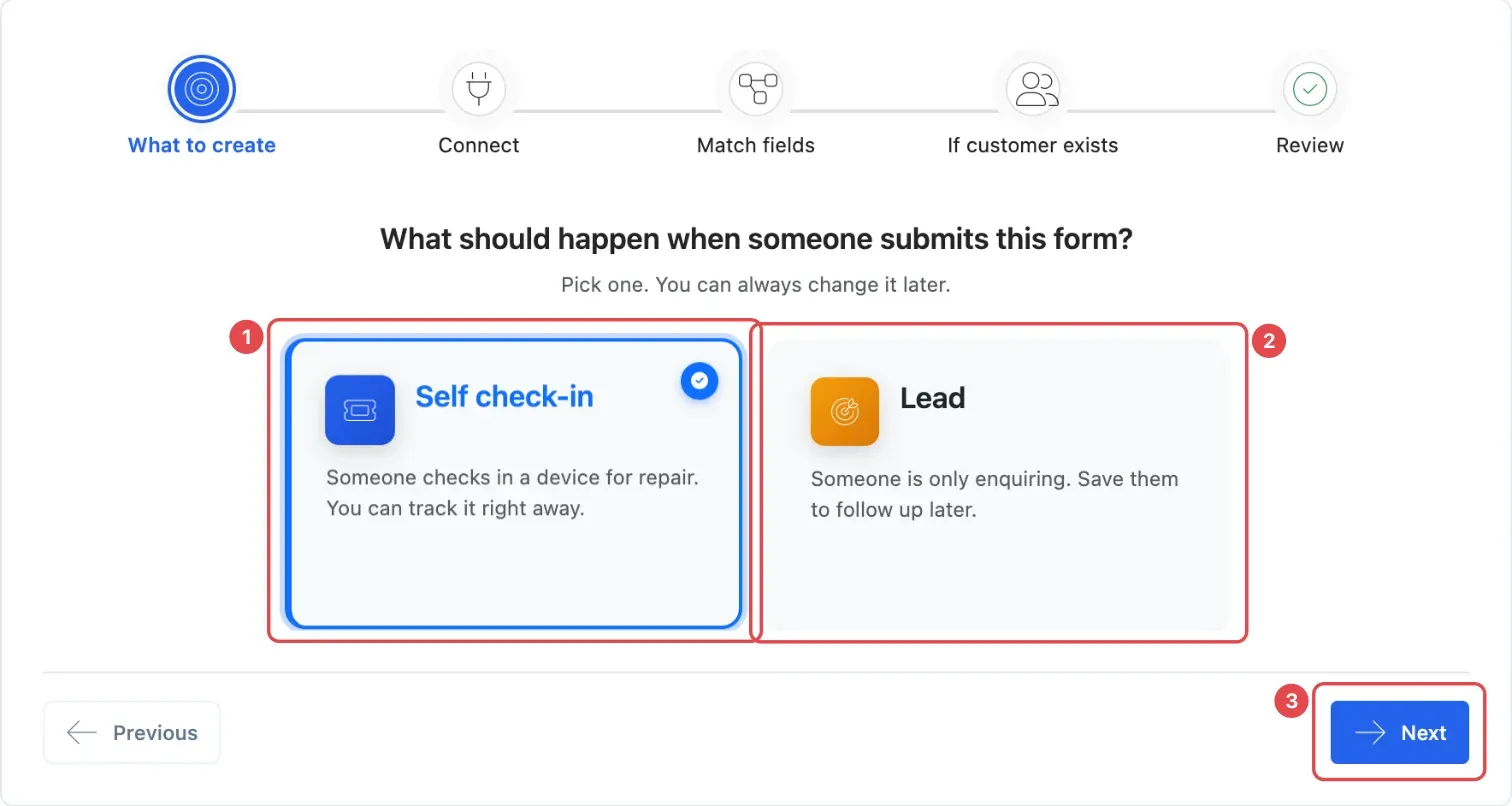 The What to create step with the Self check-in card selected (1), the Lead card (2) and the Next button (3)