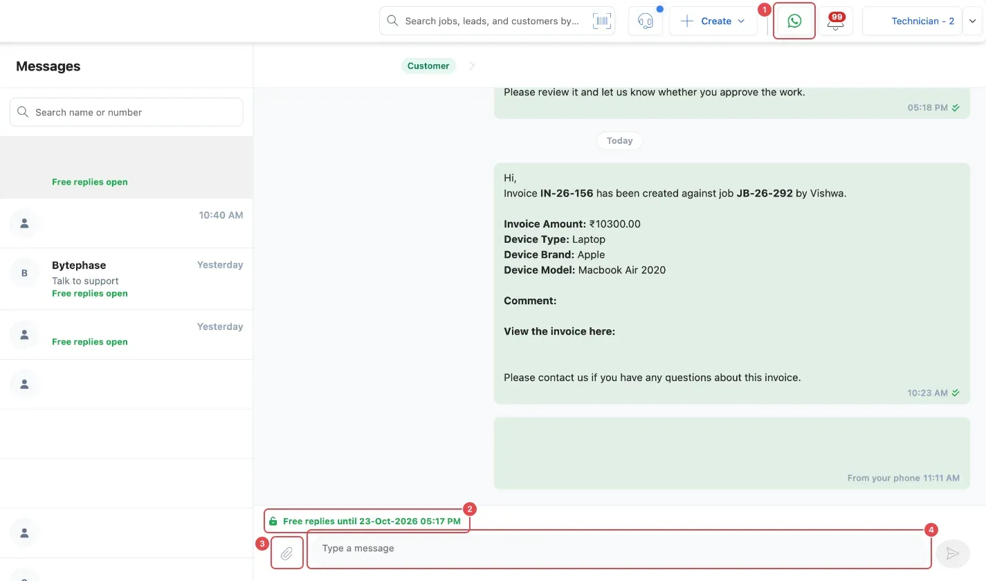 WhatsApp messages: the button at the top (1), Free replies until (2), the paperclip for photos and files (3) and Type a message (4). Names are hidden in this picture.