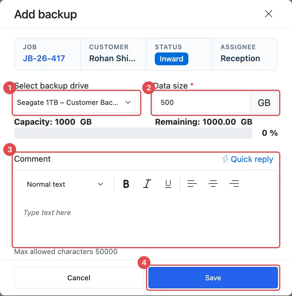 The Add backup window: Select backup drive (1), Data size (2), Comment (3) and Save (4)