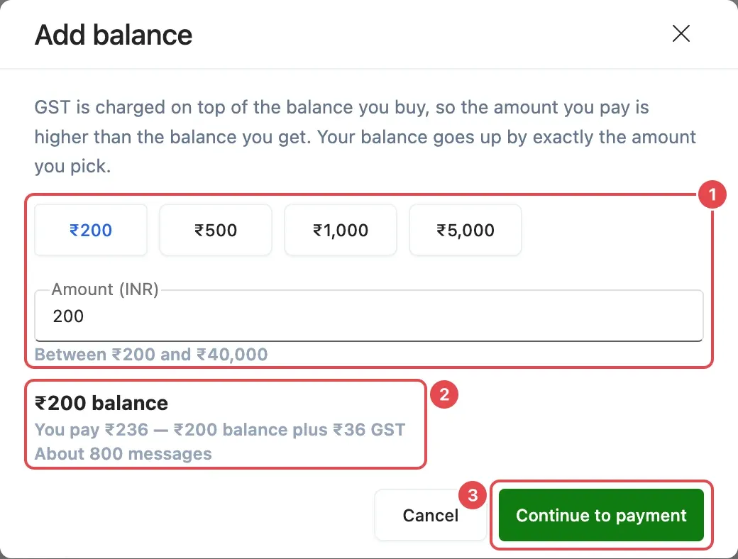Add balance: the amount (1), what you pay with GST and about how many messages (2), and Continue to payment (3)