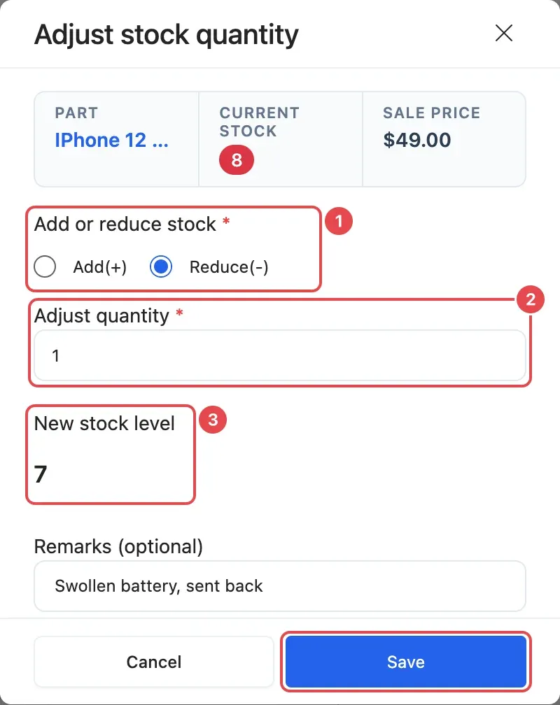 The Adjust stock quantity window with Reduce(-) chosen (1), an Adjust quantity of 1 (2), the New stock level (3) and a remark