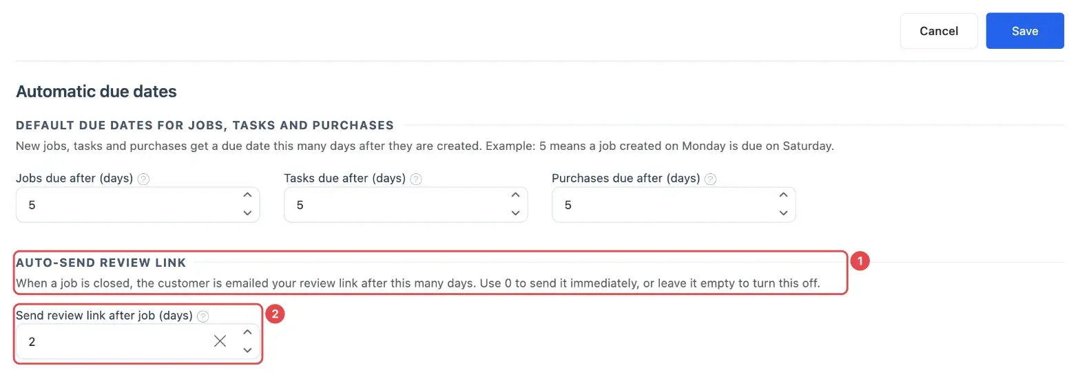Auto-send review link with the number of days to wait (1, 2)