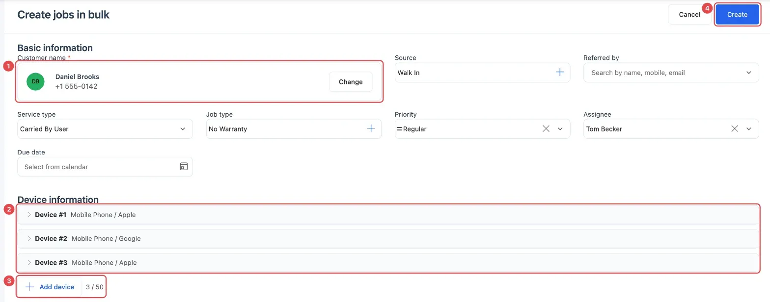The Create jobs in bulk page with the customer picked (1), three device cards (2), Add device with the 3 / 50 counter (3) and Create (4)
