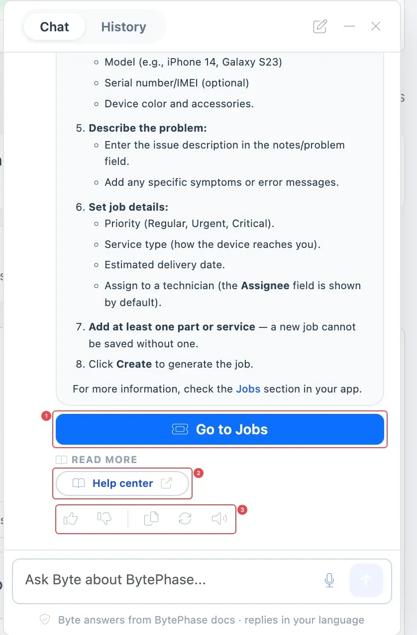 Byte's answer with Go to Jobs (1), the Help center link (2), and the buttons to rate, copy, regenerate or read it aloud (3)
