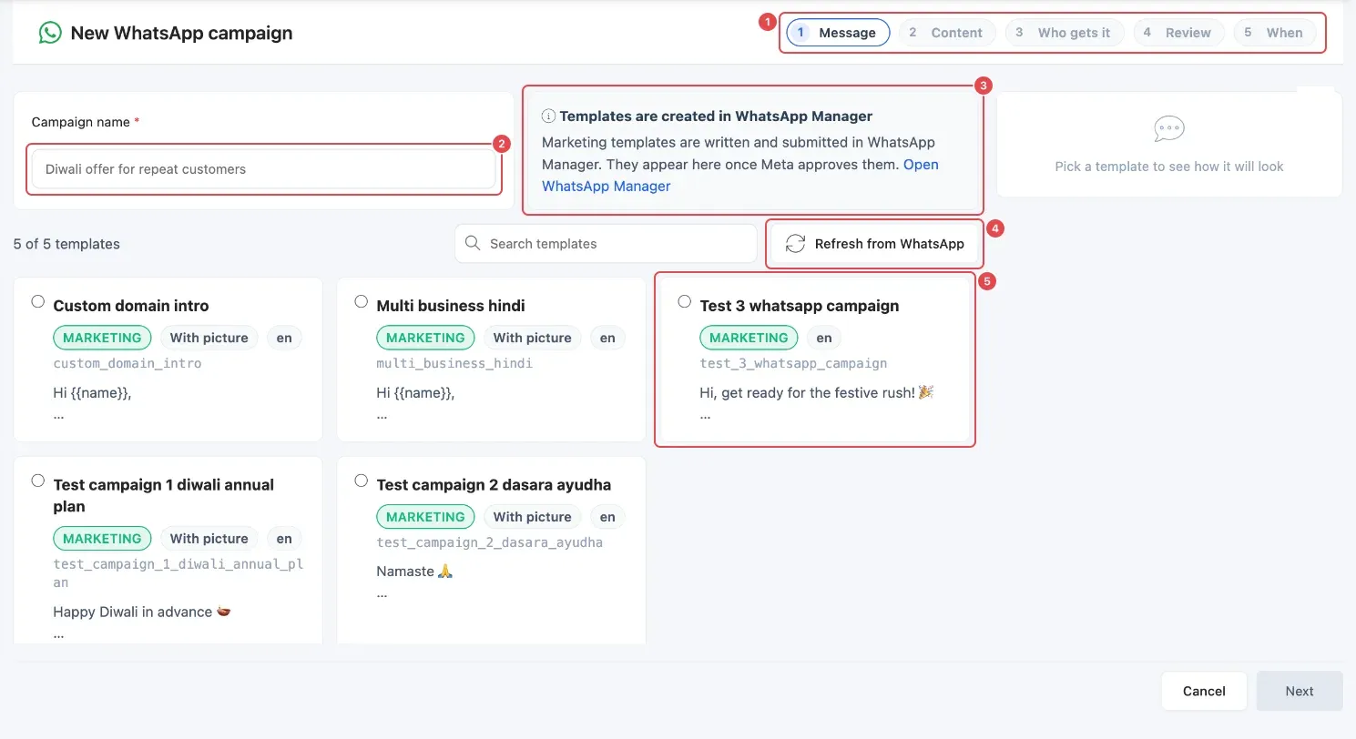 New WhatsApp campaign, Message step: the five steps (1), Campaign name (2), the WhatsApp Manager note (3), Refresh from WhatsApp (4) and a marketing message to pick (5)