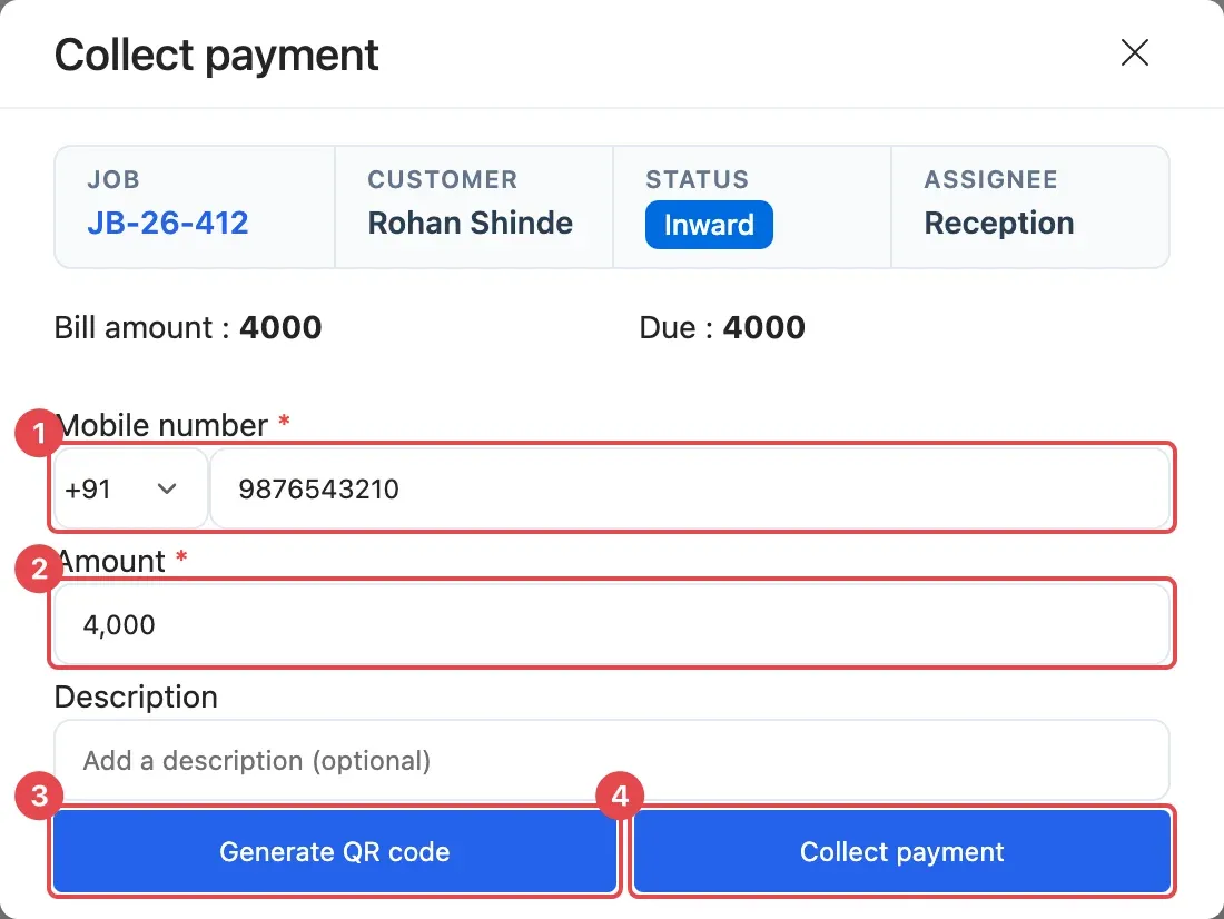 The Collect payment window with the customer's mobile number (1), amount (2), Generate QR code (3) and Collect payment (4)