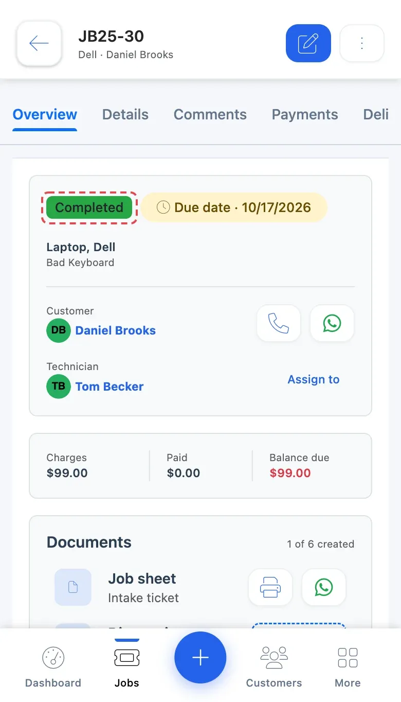 The job's Overview tab on a phone showing the new status, Completed