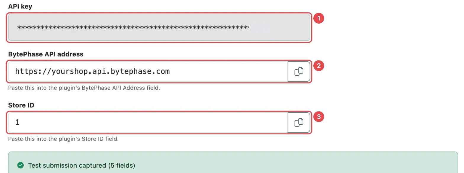 The Connect step for WordPress showing the API key (1), BytePhase API address (2) and Store ID (3)