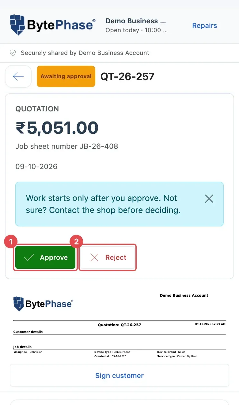 What the customer sees: the job quotation with Approve (1) and Reject (2)