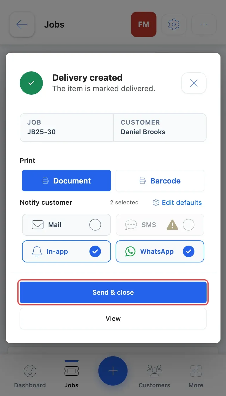 The Delivery created window on a phone, with ways to tell the customer