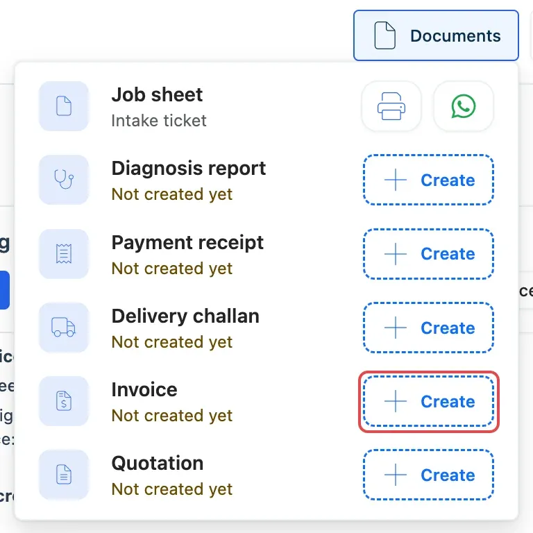 The Documents list on a job, with the Create button next to Invoice highlighted