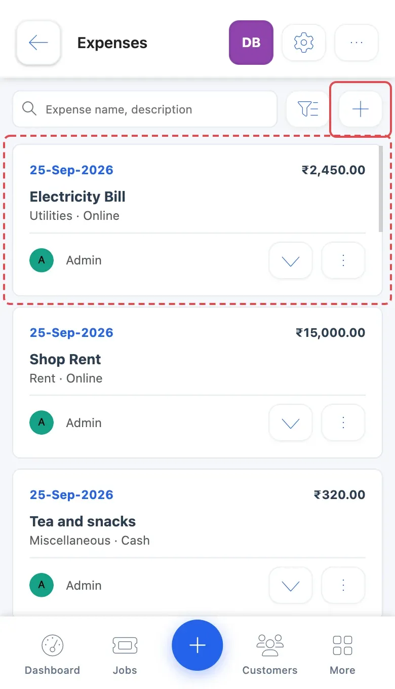 The Expenses list on a phone, with the new expense and the + button