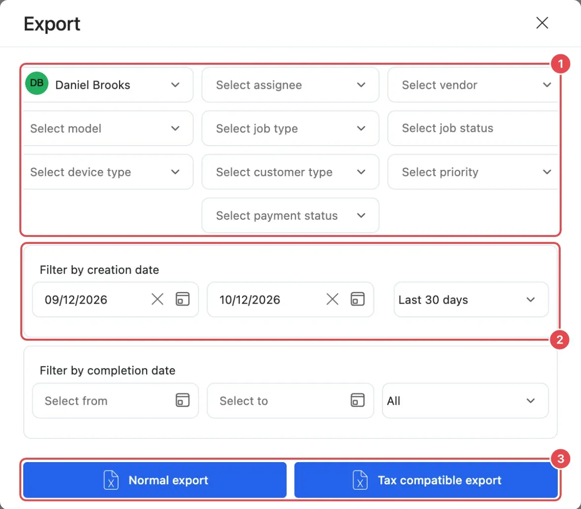 The Export window with filters (1), the creation date (2) and the two export buttons (3)