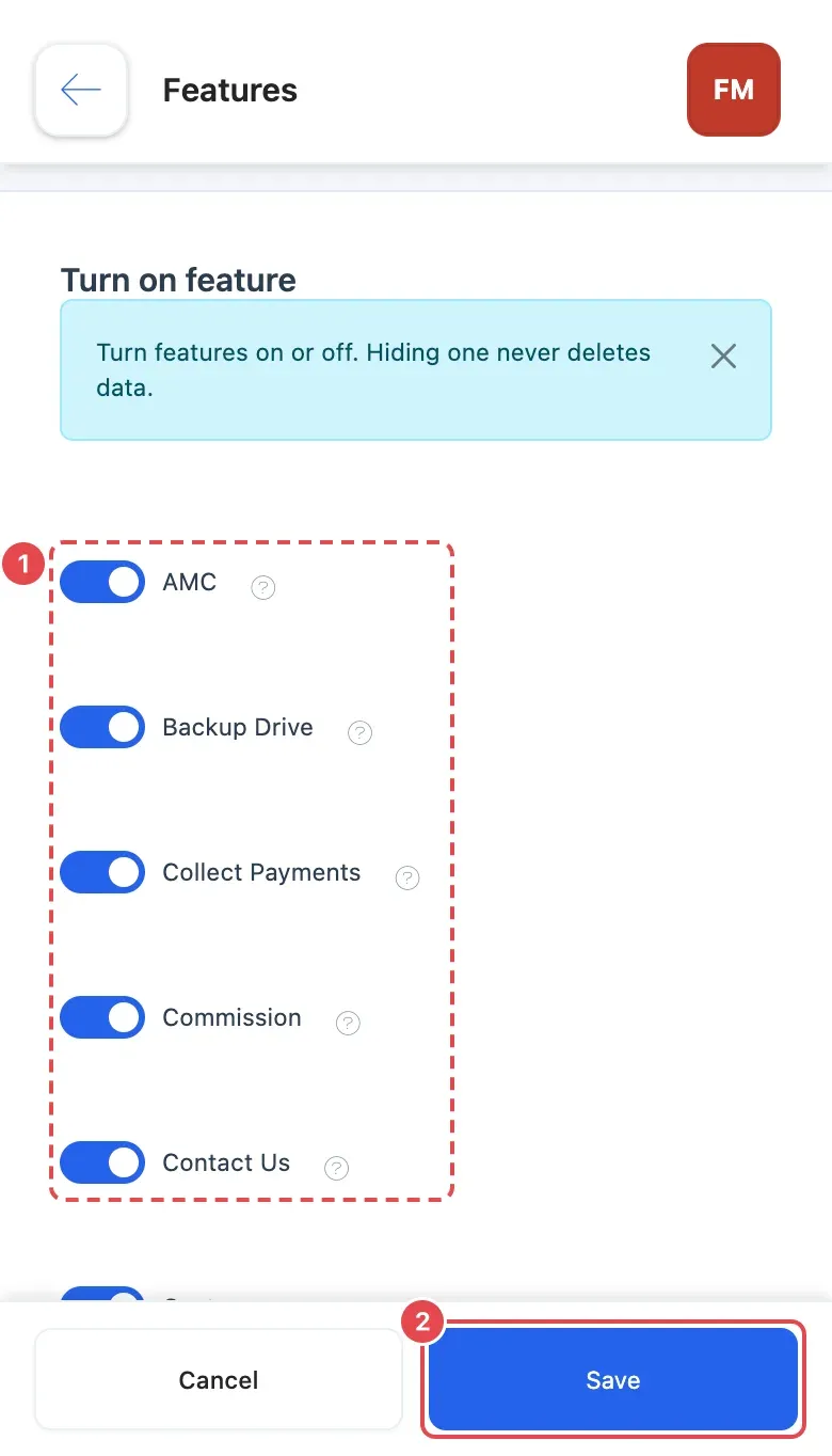 The Features screen on a phone ready to edit, with the switches (1) and the Save button (2)