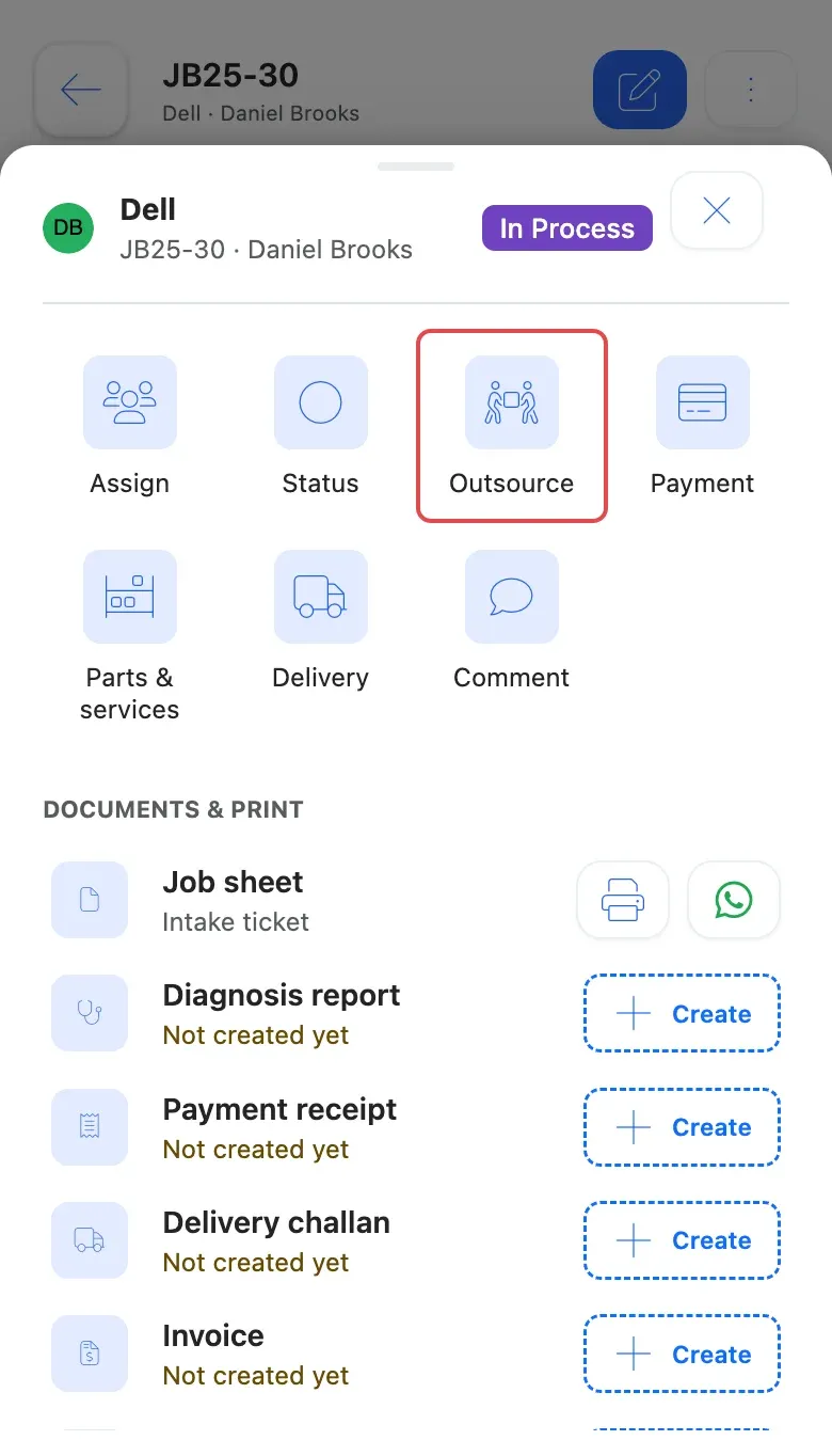 The Job actions sheet on a phone with Outsource highlighted
