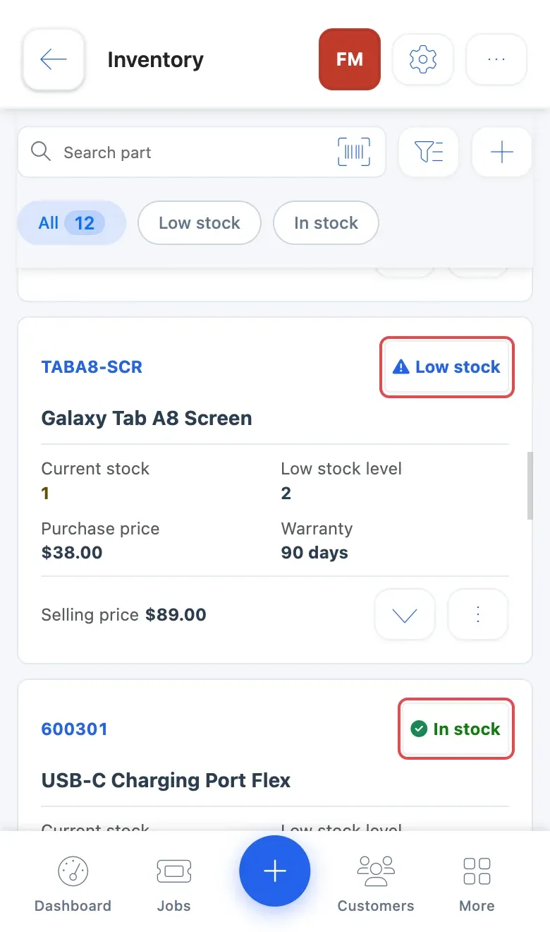 The Inventory list on a phone: a part marked Low stock and another marked In stock