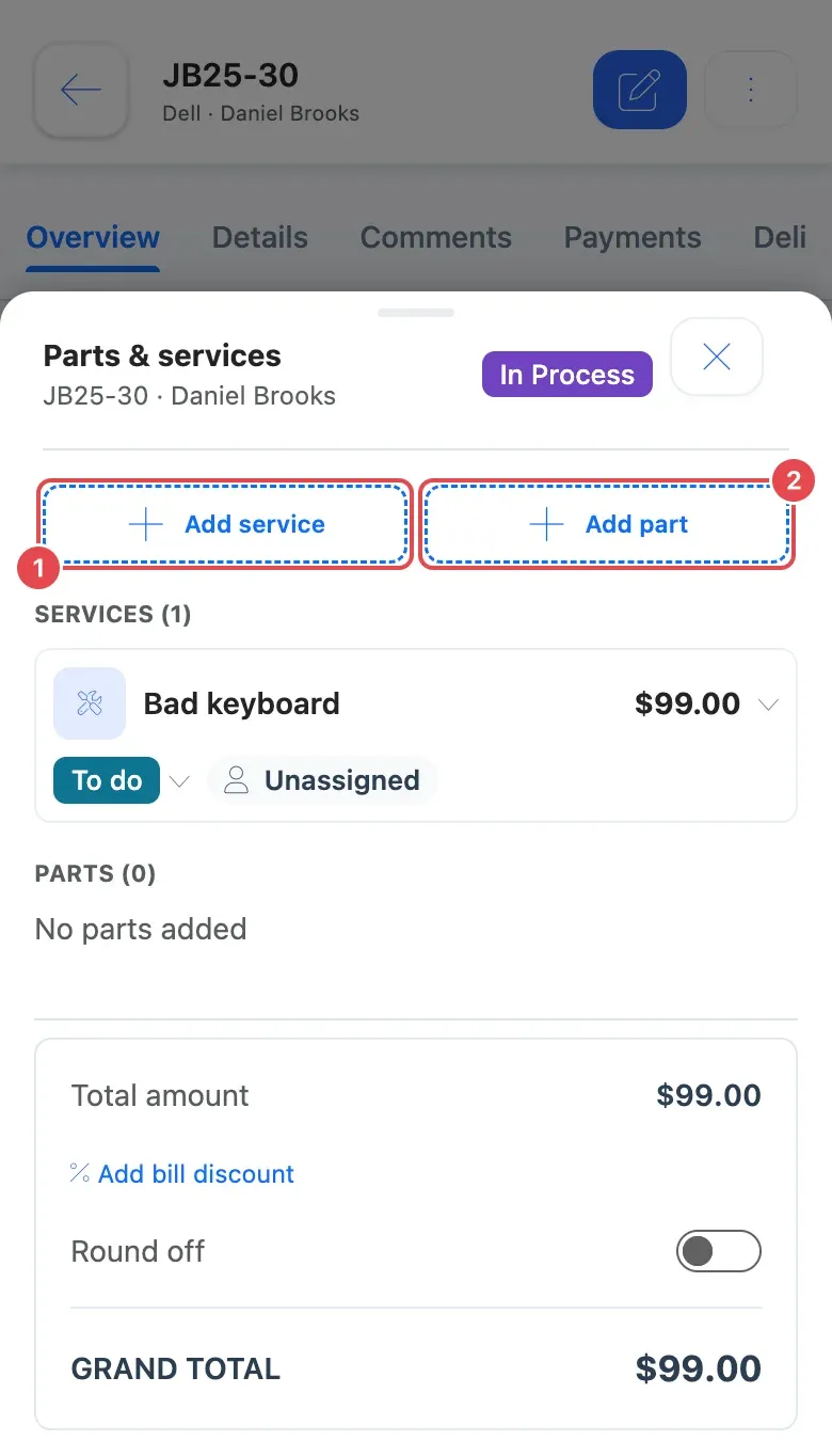 The Parts & services panel on a phone, with Add service (1) and Add part (2)