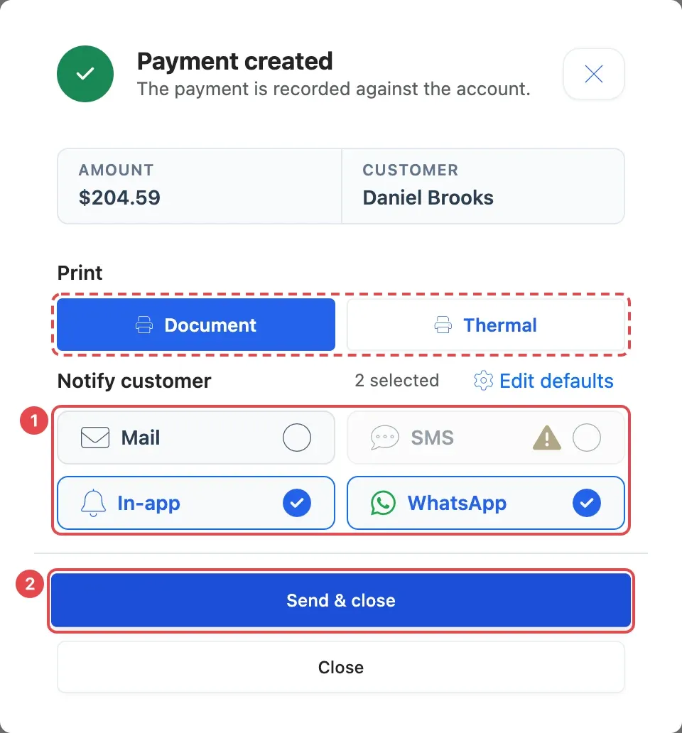 The Payment created window with Print options, the Notify customer ticks (1) and Send & close (2)