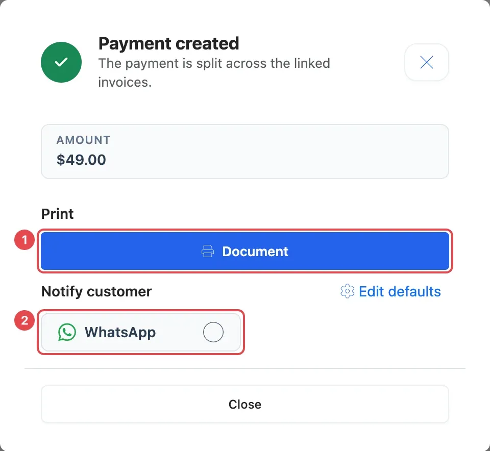 The Payment created window after a bulk payment, with Document print (1) and WhatsApp (2)