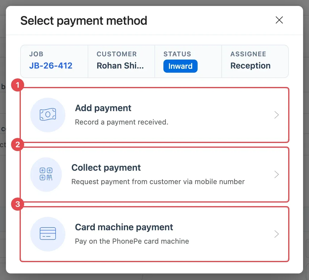 The Select payment method window with Add payment (1), Collect payment (2) and Card machine payment (3)