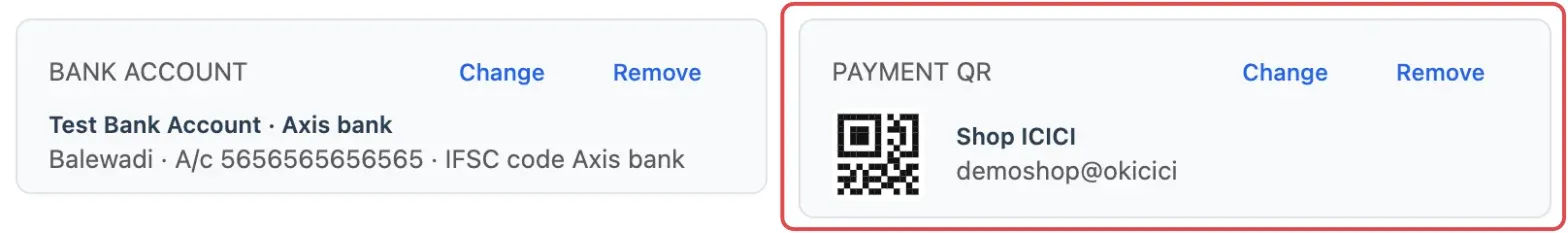 The Payment QR box on a sale, with Change and Remove