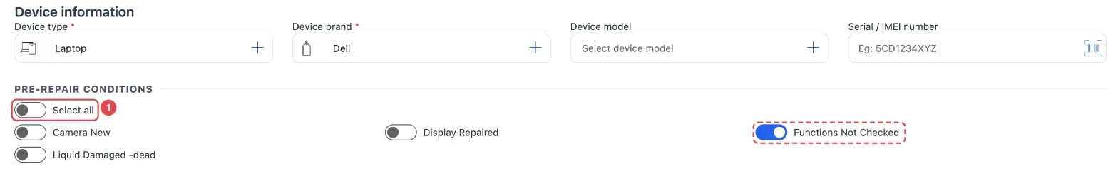 The new job form with the Pre-repair conditions switches, Functions Not Checked turned on, and Select all (1)