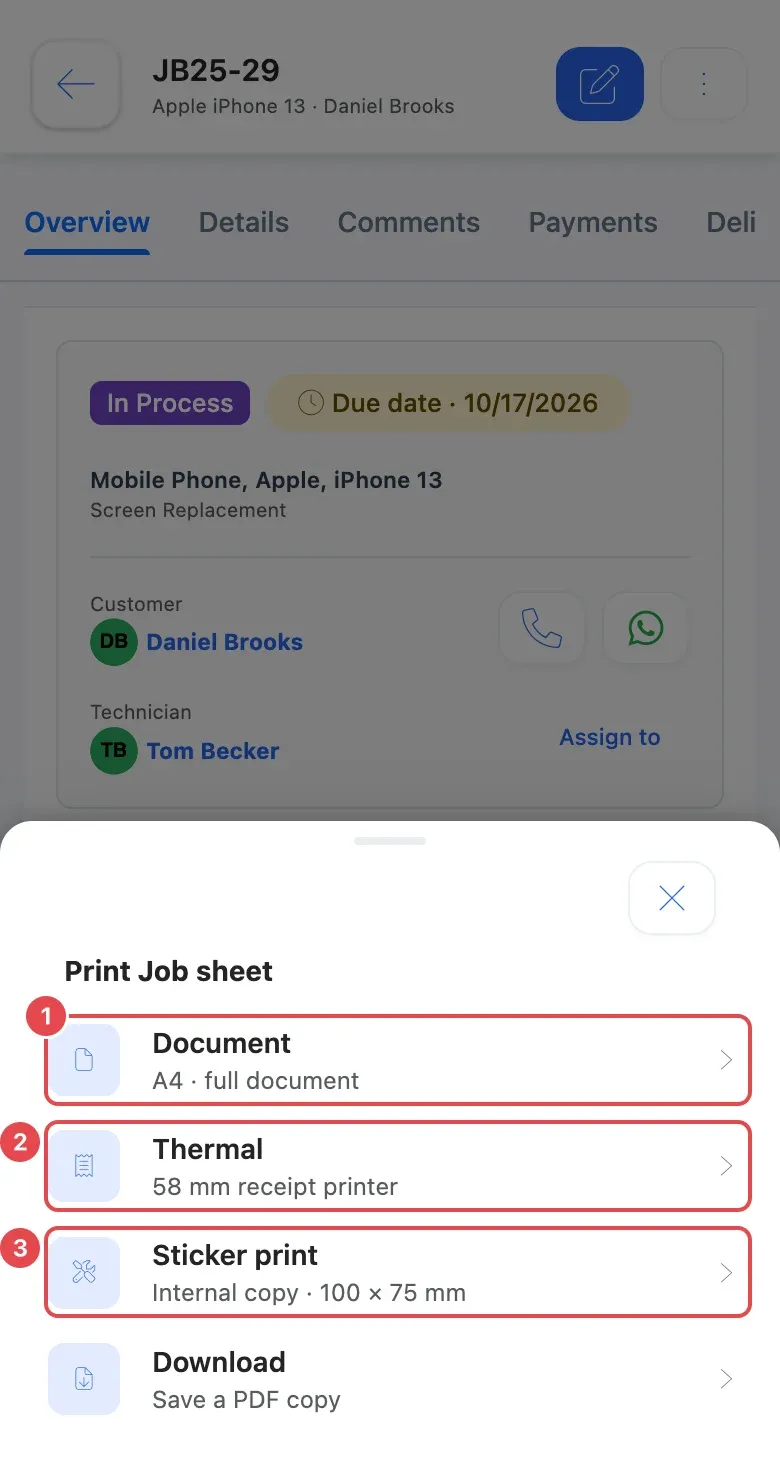 The Print Job sheet menu on a phone with Document (1), Thermal (2) and Sticker print (3)