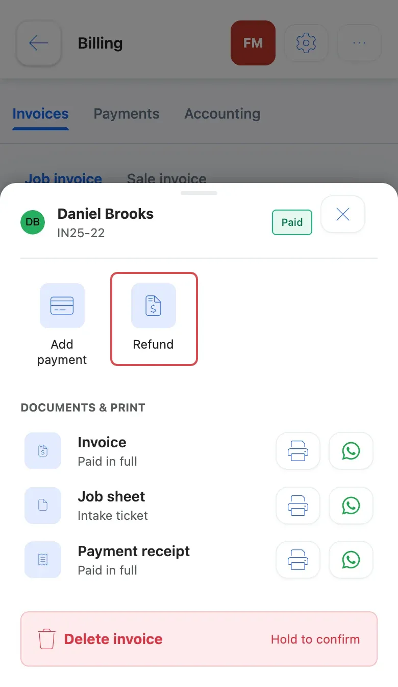 The invoice's actions sheet on a phone, with the Refund tile