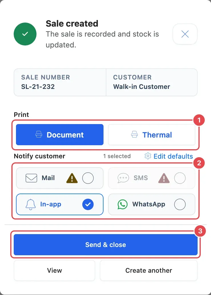 The Sale created window on a phone, with the Document and Thermal print buttons (1), the Notify customer options (2) and Send & close (3)