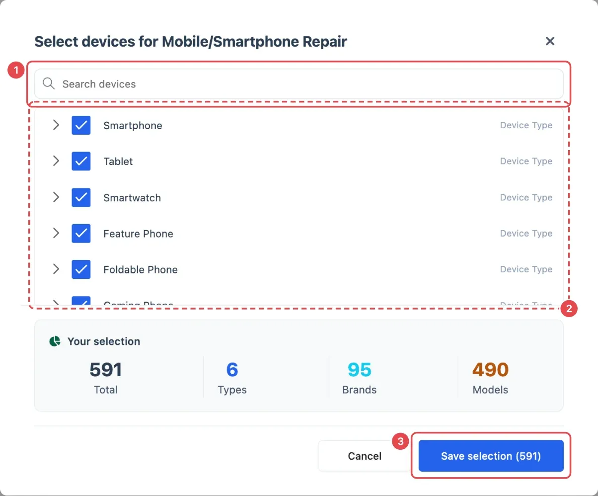 The Select devices window with Search devices (1), the device list (2) and Save selection (3)
