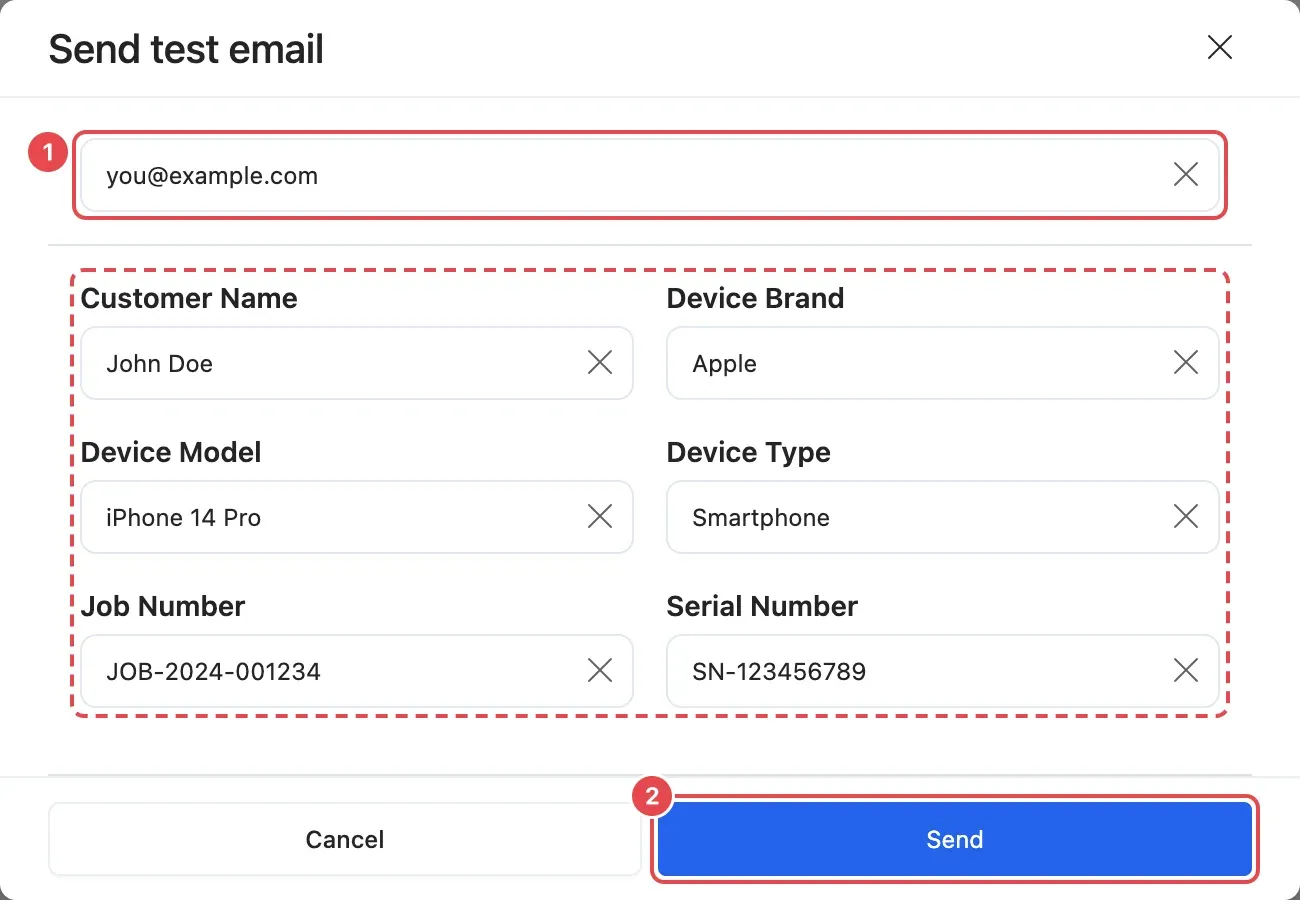 The Send test email window: the address to send to (1), sample values to fill the message, and Send (2)