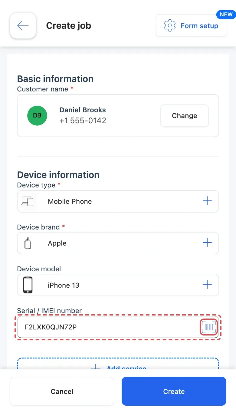 The Serial / IMEI number box filled in after a scan on a phone