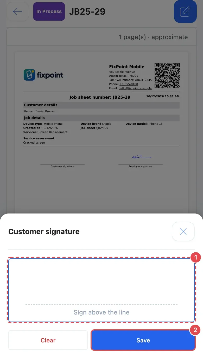 The Customer signature box on a phone: sign in the box (1), then tap Save (2)