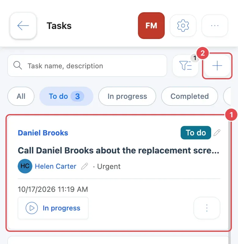 The Tasks list on a phone: a task card with its status (1) and the + button (2)