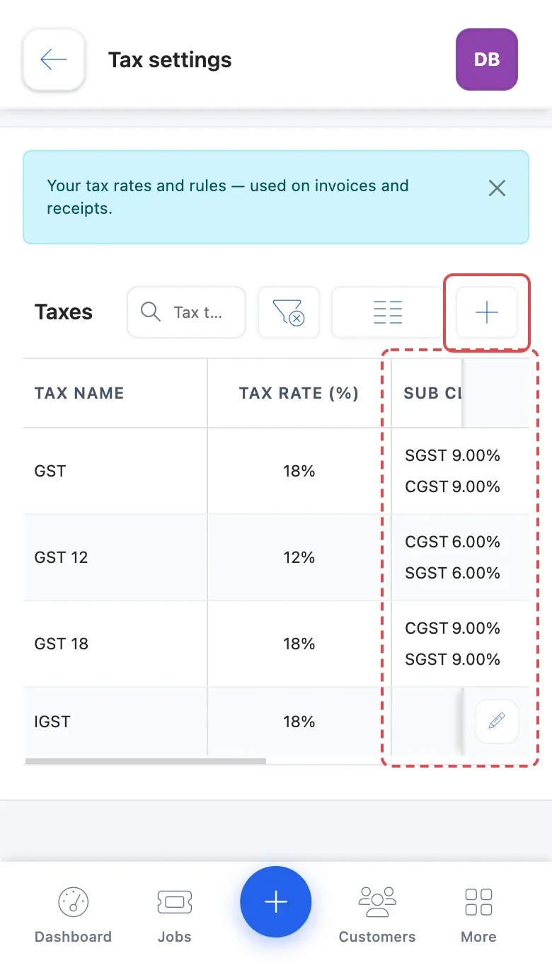 The Tax settings list on a phone, with the + (Add tax) button and the sub-classes of each tax