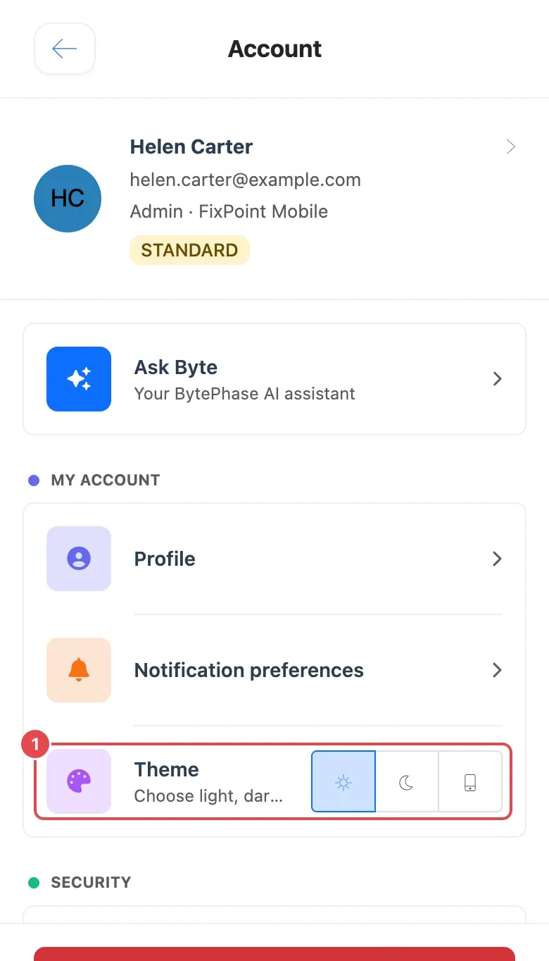 The Account menu on a phone with the Theme row and its Light, Dark and System buttons (1)
