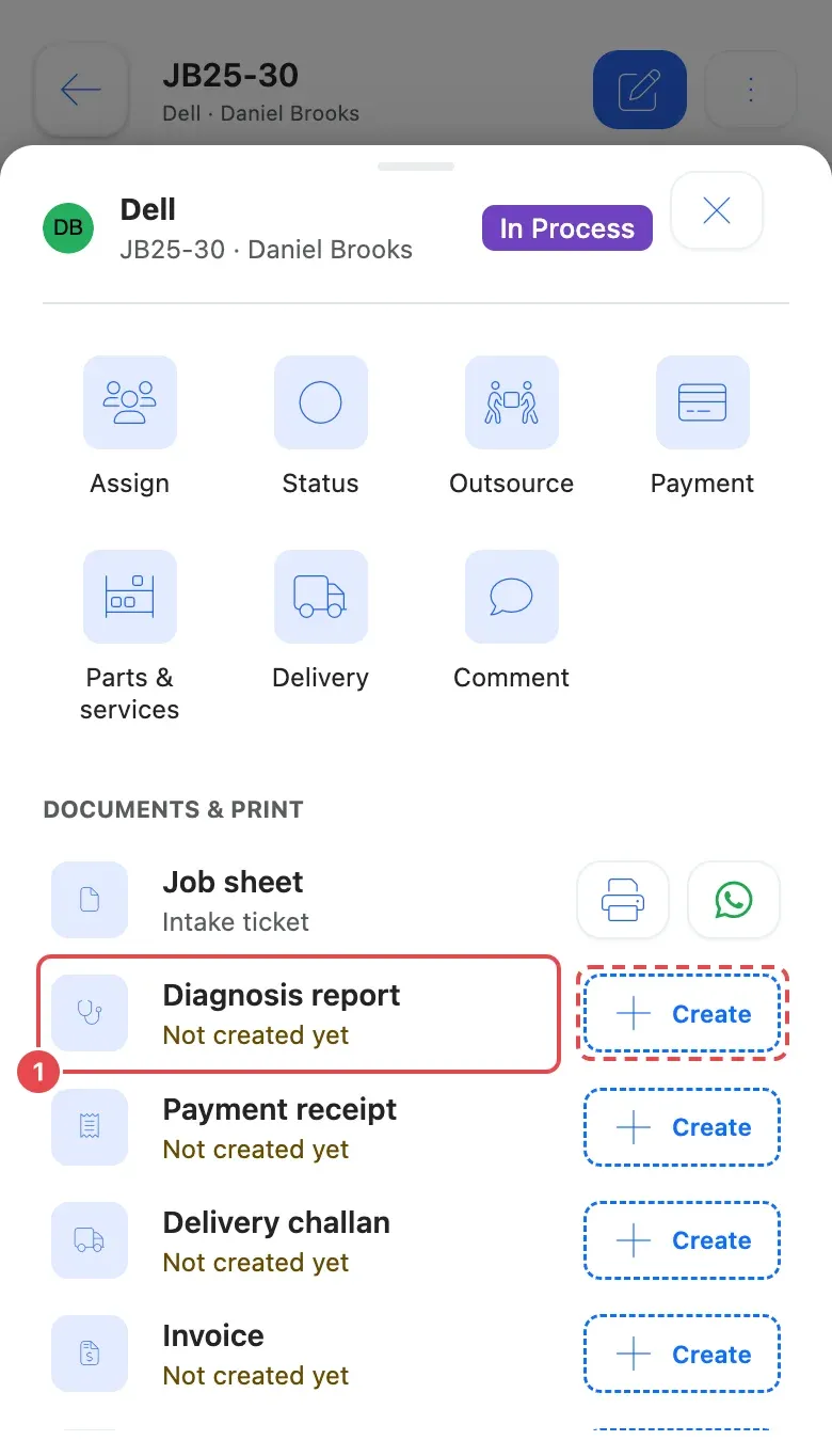 The Job actions sheet on a phone, with the Diagnosis report row (1) and its Create button