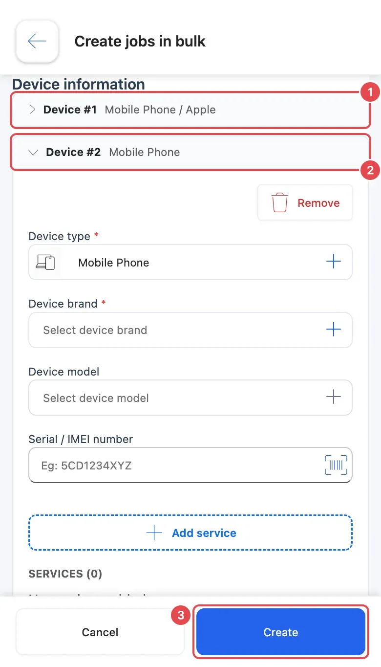 The bulk job form on a phone: Device #1 folded with its summary (1), Device #2 open (2) and Create (3)