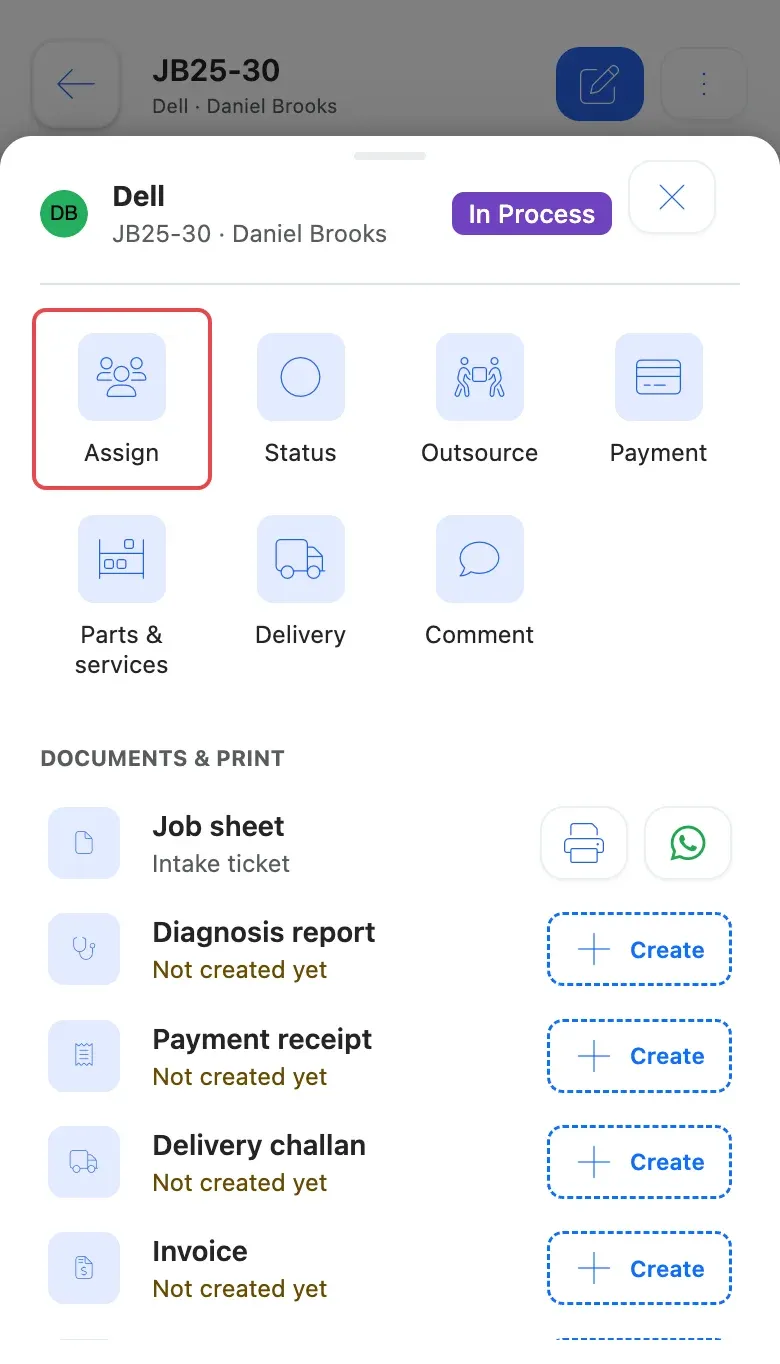 The Job actions menu on a phone, with the Assign button highlighted