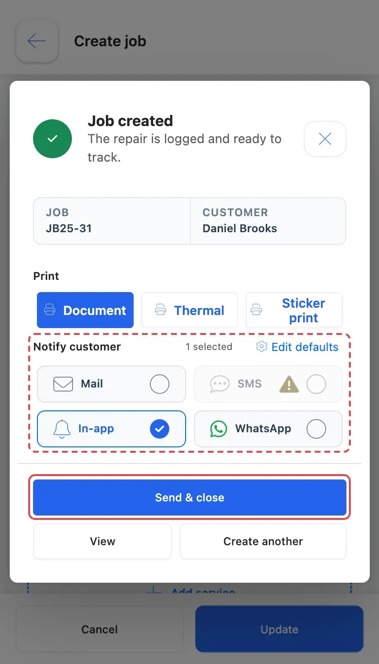 The Job created sheet on a phone with Notify customer and Send & close highlighted