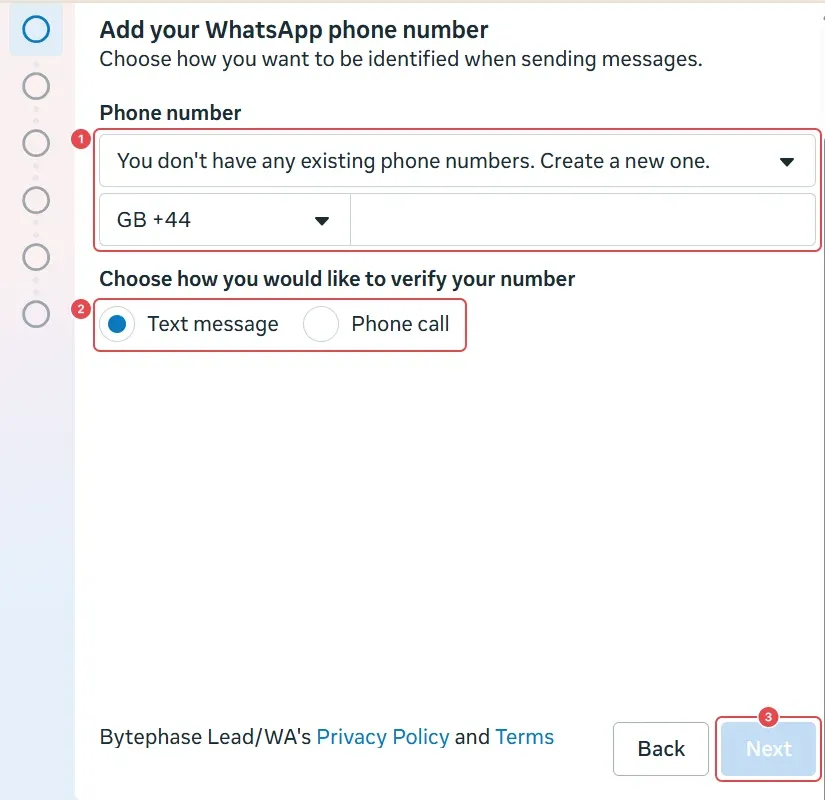 Add your WhatsApp phone number: the number and country code (1), Text message or Phone call (2), and Next (3)