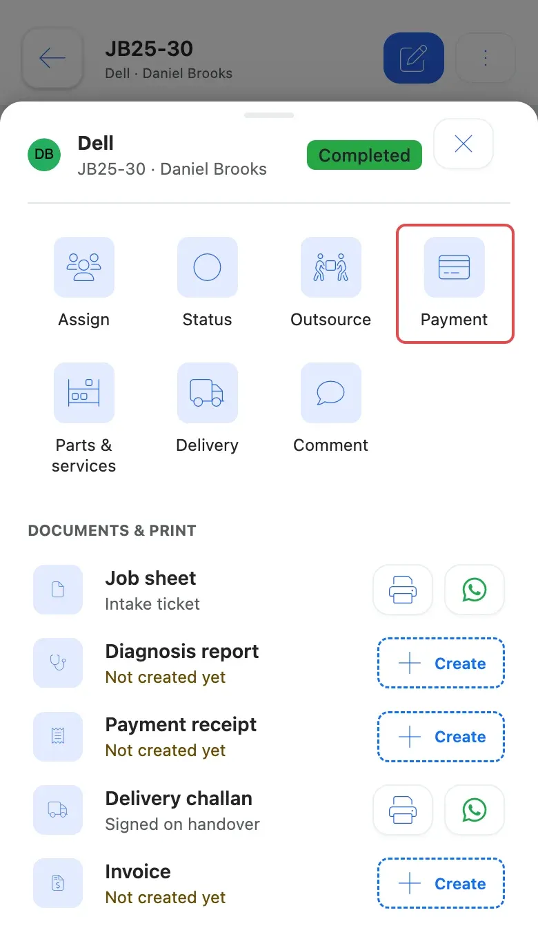 The job's actions sheet on a phone, with the Payment tile